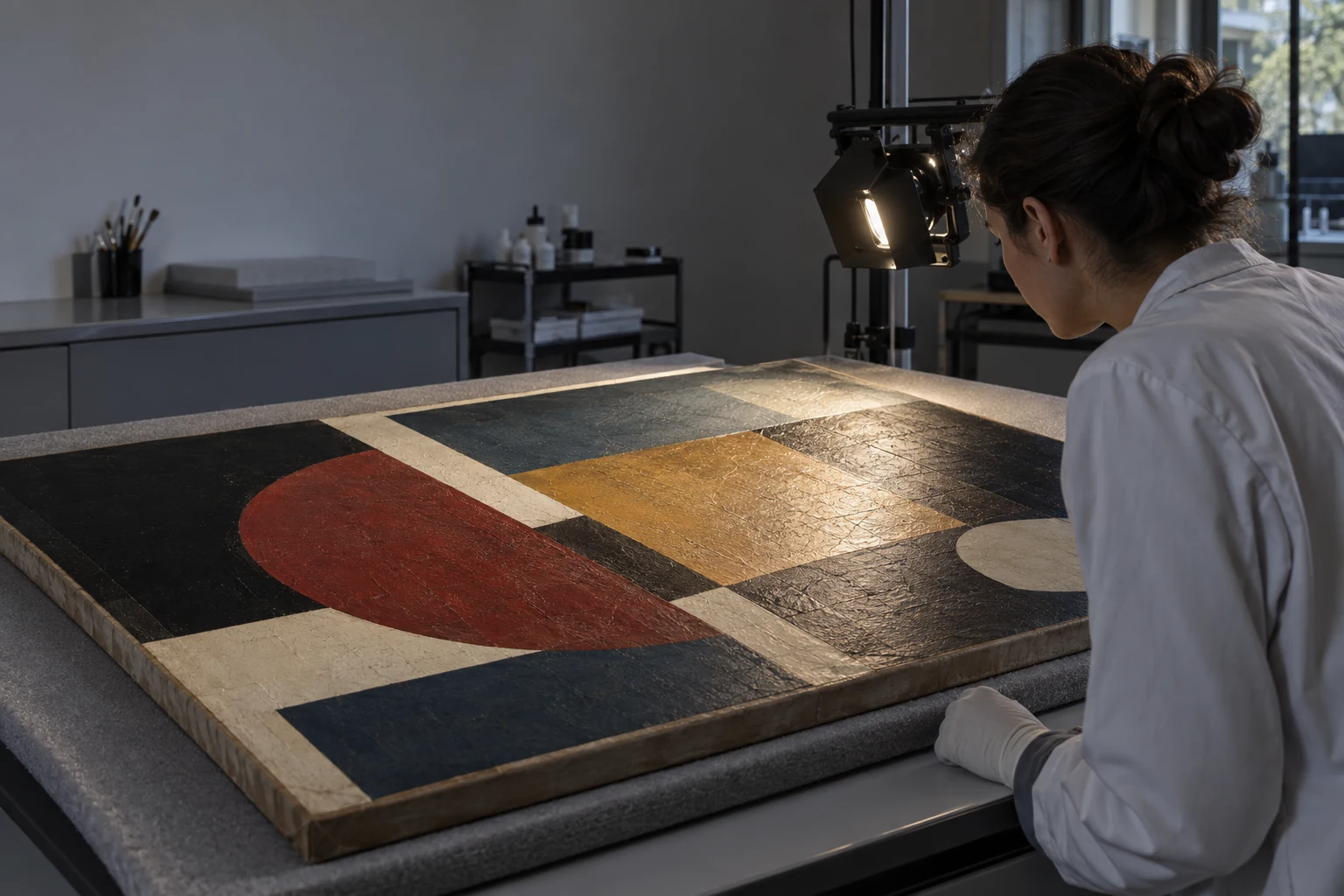 Examen de una pintura bajo luz rasante. Imagen ilustrativa creada para este artículo; no representa una obra ni un estudio específico.